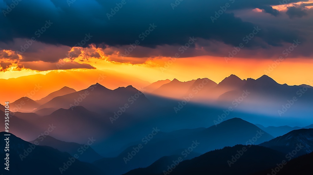 Fototapeta premium Silhouetted mountain range with a bright orange sunset sky and dark clouds.
