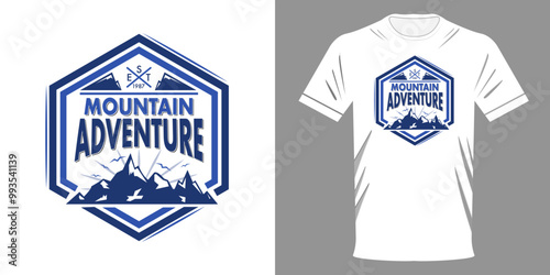 Vector illustration T-shirt with lettering MOUNTAIN ADVENTURES. Hexagon with mountain range. Fashionable stuff for climbers. High quality street style. Retro print for typography printing on clothes. 