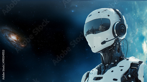a robot call center agent wearing a headset with microphone interacting with online chat, outer space background