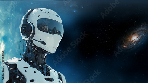 a robot call center agent wearing a headset with microphone interacting with online chat, outer space background