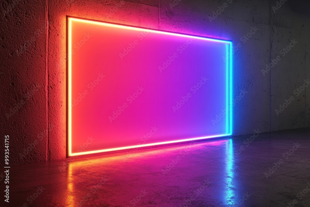 A neon-lit wall with a glowing electric frame, the blank center illuminated by vibrant colors. 