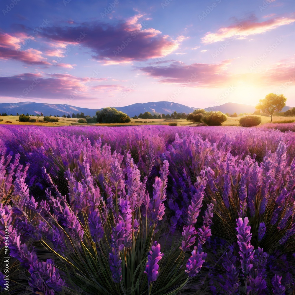 Beautiful lavender fields stretch across a rural landscape under a glowing sunset. Purple blooms fill the foreground, with distant mountains and clouds painted by the golden light of the setting sun Beautiful lavender fields stretch across a rural landscape under a glowing sunset. Purple blooms fill the foreground, with distant mountains and clouds painted by the golden light of the setting sun