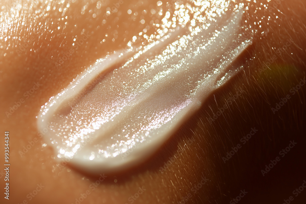 Fototapeta premium Gentle sunscreen lotion cream swatch close up detail on sun kissed woman skin summer concept.