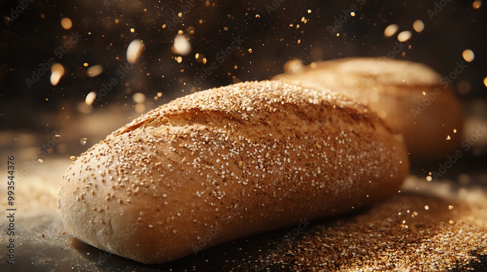 Close-up of freshly baked bread loaf with dusting flour, in a warm bakery setting, highlighting texture and crust. Artisan bread at its best. Close-up of freshly baked bread loaf with dusting flour, in a warm bakery setting, highlighting texture and crust. Artisan bread at its best.