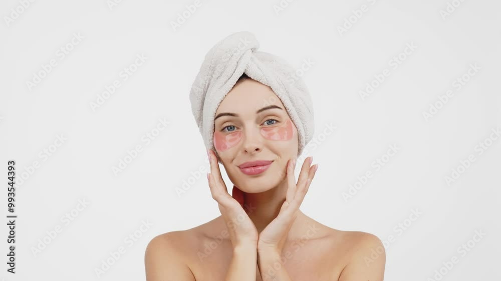 Close-up of a young woman with under-eye patches targeting wrinkles and dark circles. Isolated against a white background, this image emphasizes skincare and the fight against signs of fatigue.