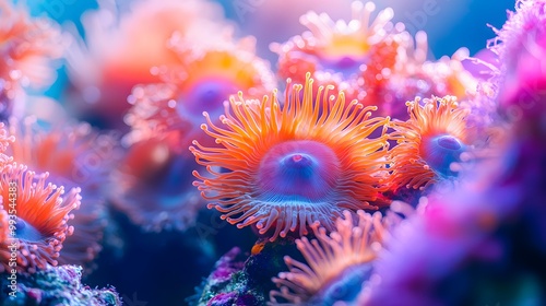 Vibrant sea anemones underwater, macro photography, bioluminescent centers, colorful tentacles in shades of orange, purple, and pink, bright turquoise background.