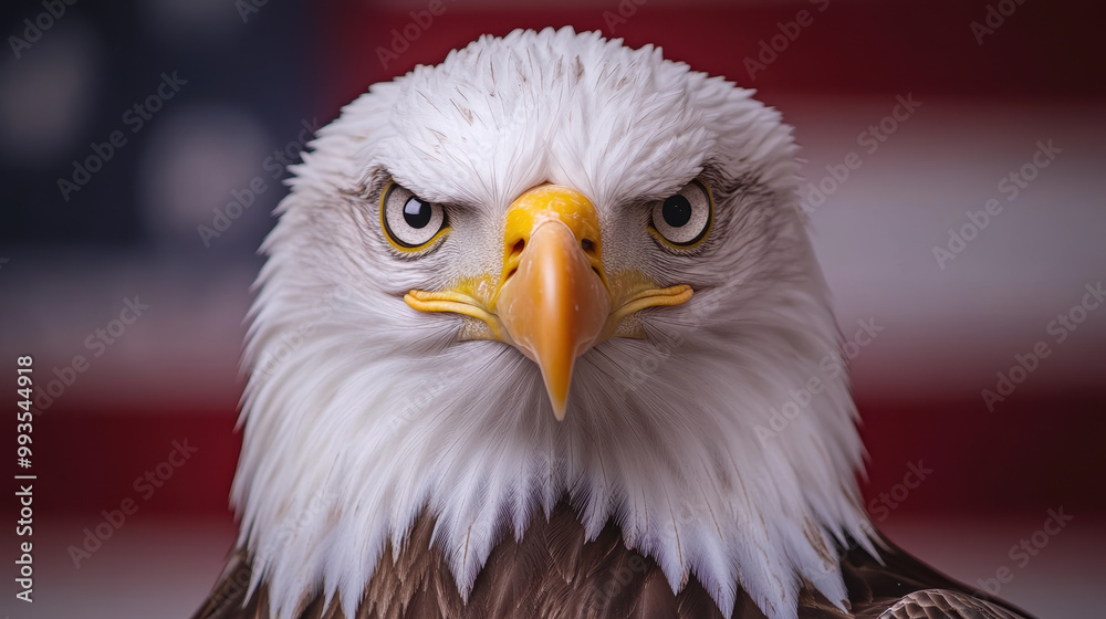 Obraz premium Majestic bald eagle against a blurred flag background showcasing strength and patriotism