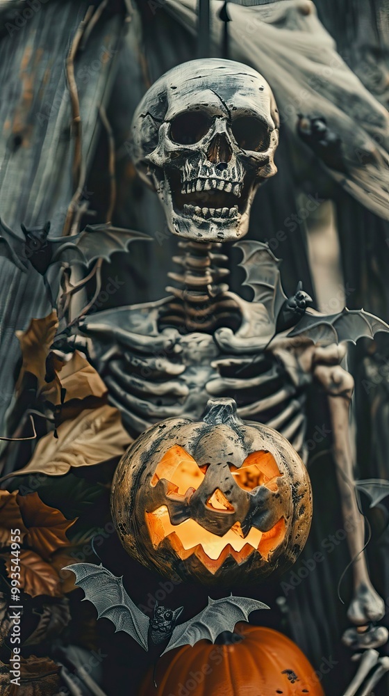 Creepy Skeleton with JackoLantern and Bats in Haunted Graveyard for Halloween, Halloween elements, Happy Halloween
