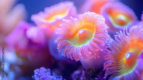 Vibrant sea anemones underwater, macro photography, bioluminescent centers, colorful tentacles in shades of orange, purple, and pink, bright turquoise background.