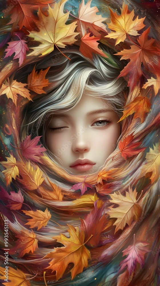 Serene Autumn Portrait of a Woman Amidst a Swirl of Colorful Leaves Serene Autumn Portrait of a Woman Amidst a Swirl of Colorful Leaves