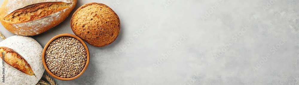 Top view of various freshly baked breads and grains on a gray background, perfect for culinary and bakery themes.