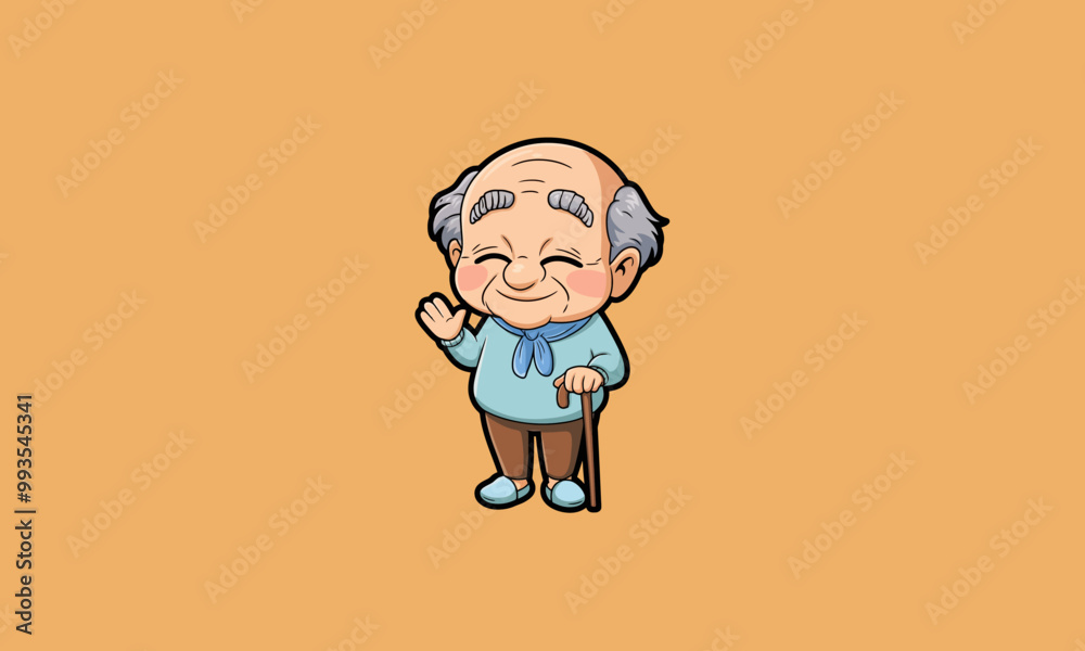 Cute elderly man with glasses and a cane, smiling warmly.