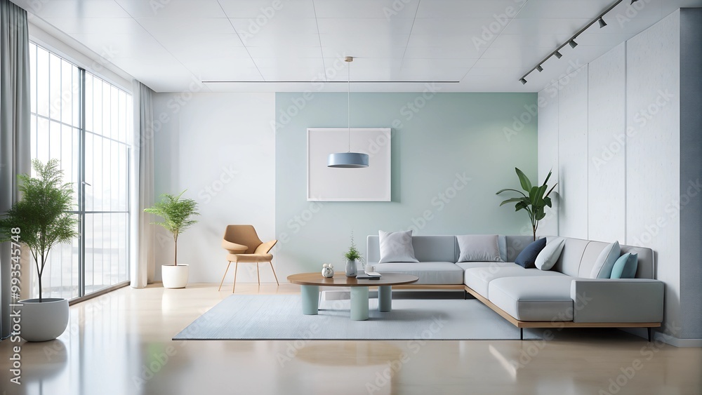 Fototapeta premium Minimalist interior design of modern living room with white wall.