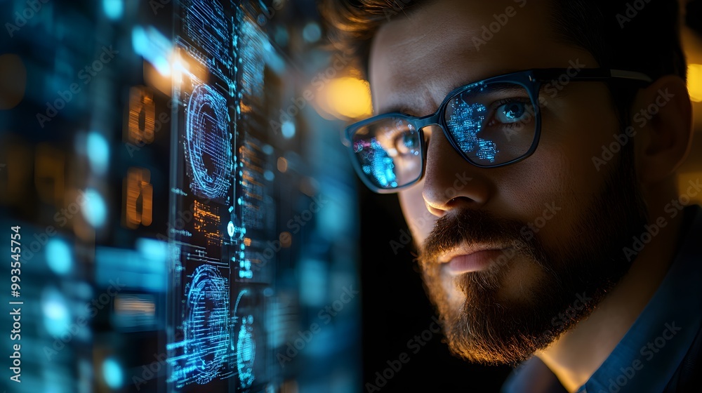 IT professional with augmented reality overlay, monitoring AI systems for cyber security, digital data networks, sleek futuristic design, high-tech visuals IT professional with augmented reality overlay, monitoring AI systems for cyber security, digital data networks, sleek futuristic design, high-tech visuals