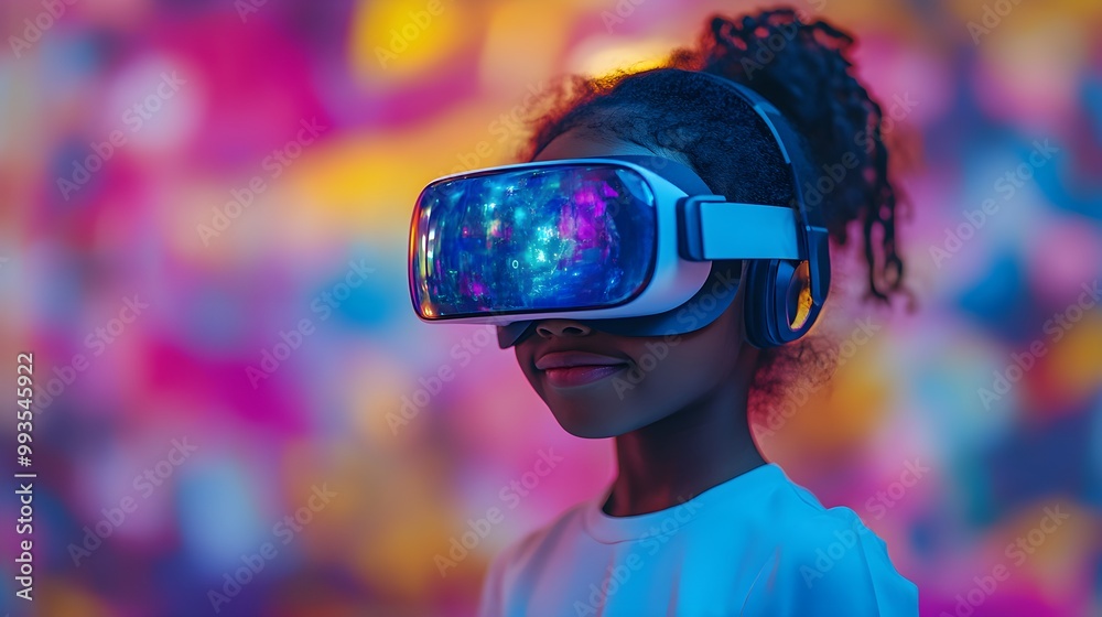Joyful African American girl with a VR headset, interacting with holographic educational models in a futuristic classroom. Digital painting, bright neon, high-tech learning Joyful African American girl with a VR headset, interacting with holographic educational models in a futuristic classroom. Digital painting, bright neon, high-tech learning