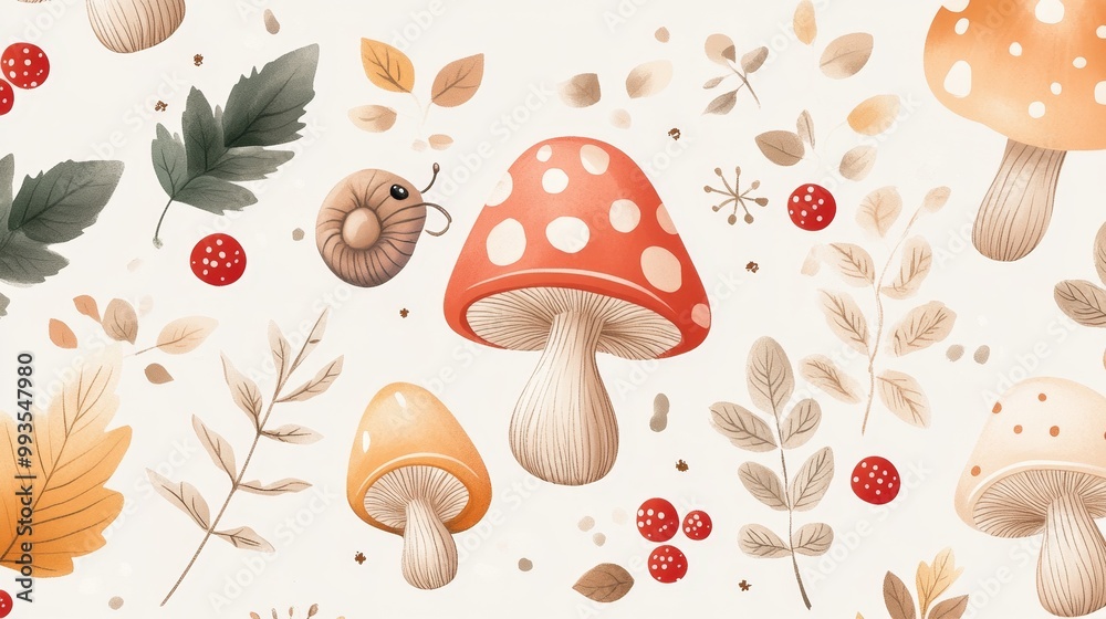 Soft color illustrations full of childlike charm, featuring delicate natural elements such as mushrooms, leaves, berries, and cute little snails. Soft color illustrations full of childlike charm, featuring delicate natural elements such as mushrooms, leaves, berries, and cute little snails.