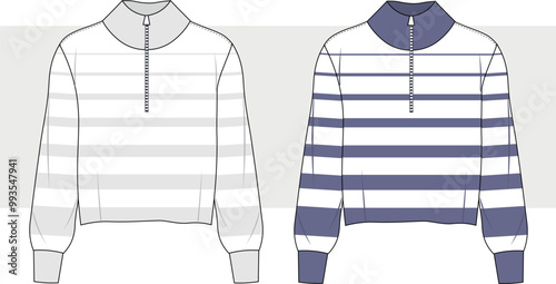 women's and girls zipper turtle neck with long sleeves striped sweatshirt fashion illustration drawing.