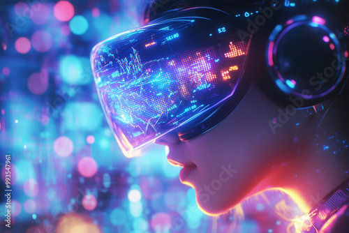 Wallpaper Mural Close-up of a person wearing a futuristic virtual reality headset with glowing digital interfaces and data projections in a neon cyberpunk atmosphere Torontodigital.ca