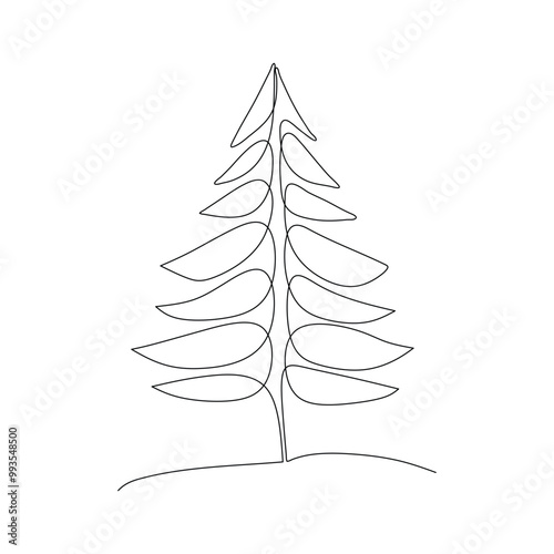 Continuous line drawing of a pine or fir tree isolated on white background. Simple hand drawn style on white background for nature and environment illustration