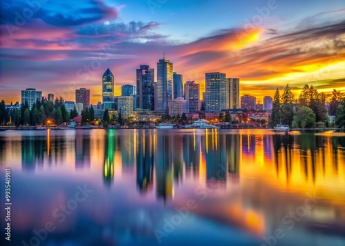 Stunning Bellevue Washington Skyline at Dusk with Vibrant Colors and Reflections on Water Surface