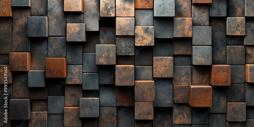 A wall of square, textured blocks in shades of rusty orange and dark gray. A wall of square, textured blocks in shades of rusty orange and dark gray.