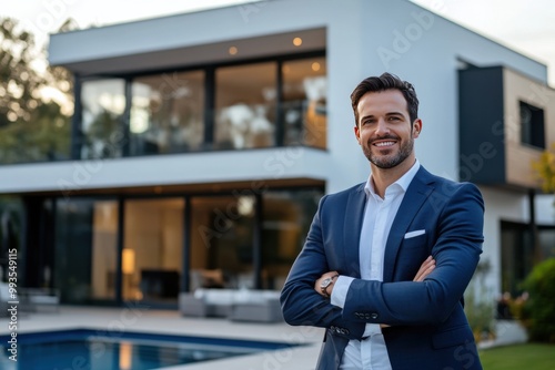 Confident real estate agent poses in front of modern luxury home photo