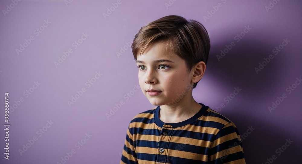 Focused young Caucasian boy with short brown hair wearing striped shirt on plain purple background Focused young Caucasian boy with short brown hair wearing striped shirt on plain purple background