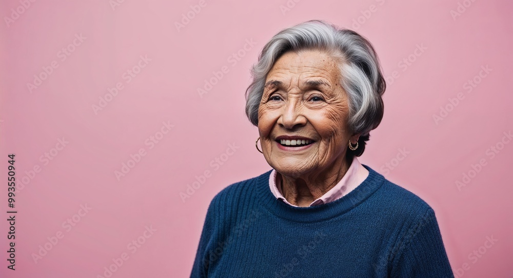 Happy elderly Hispanic woman with short hair wearing sweater on plain pink background Happy elderly Hispanic woman with short hair wearing sweater on plain pink background