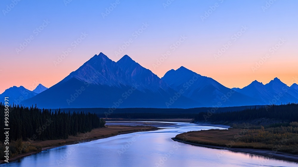 A blue hour landscape photograph of a tranquil lake. A blue hour landscape photograph of a tranquil lake.