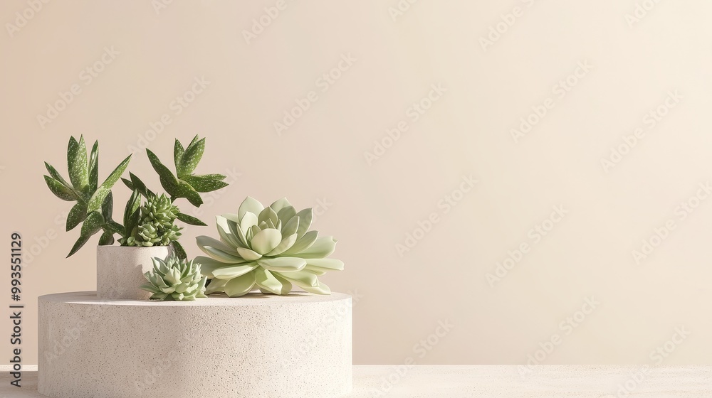 Minimalist cylindrical stone display stand, paired with succulent plants in concrete flower pots. The surreal design perfectly interprets the concept of modern interior decoration. Minimalist cylindrical stone display stand, paired with succulent plants in concrete flower pots. The surreal design perfectly interprets the concept of modern interior decoration.