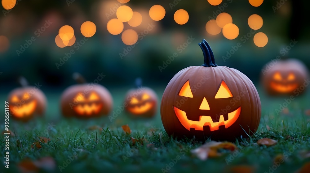 Fototapeta premium Halloween Pumpkins on Green Grass with Blurred Lights