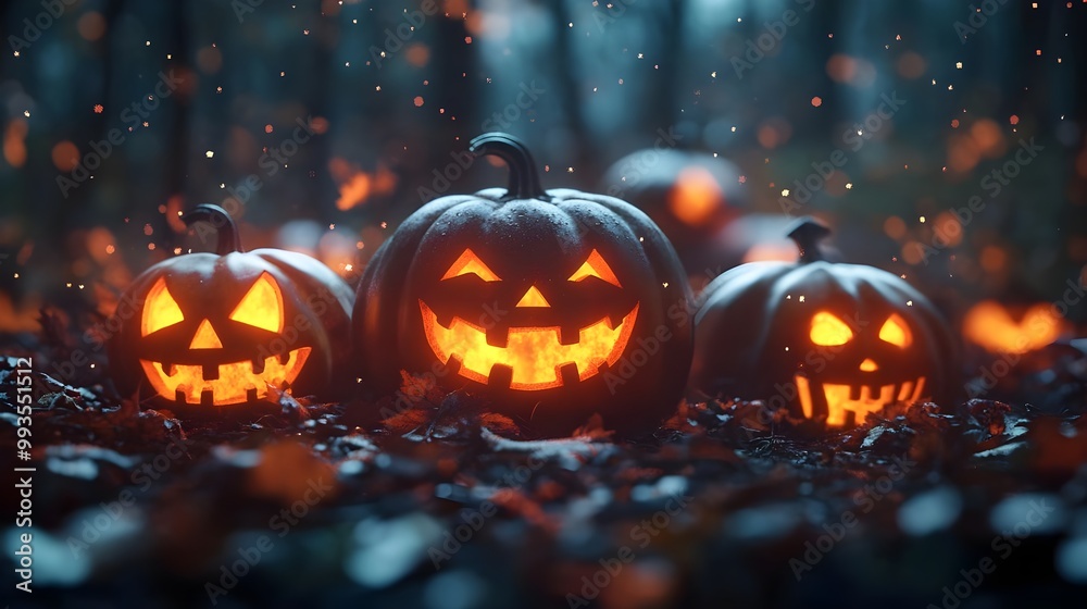 Glowing Halloween Pumpkins in Mysterious Forest Glowing Halloween Pumpkins in Mysterious Forest
