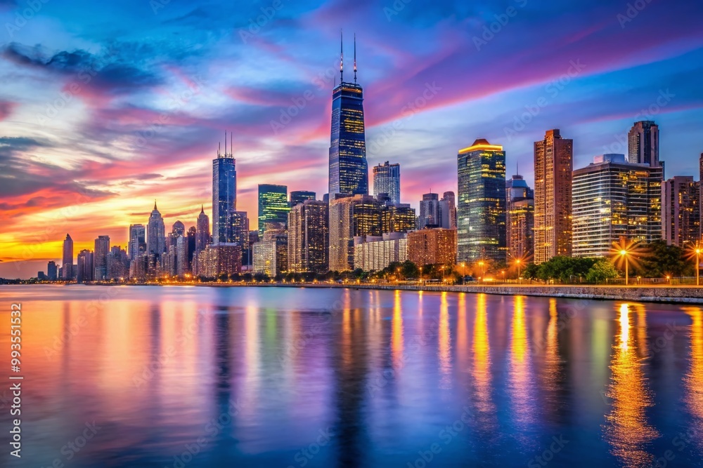 Fototapeta premium Stunning Chicago Skyline at Dusk with Illuminated Buildings and Peaceful Lake Michigan View