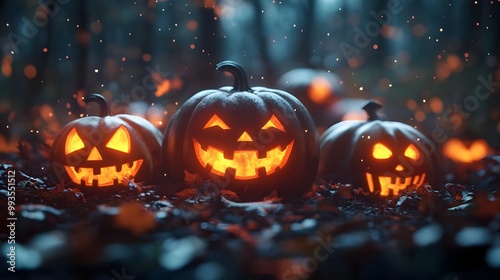 Glowing Halloween Pumpkins in Mysterious Forest