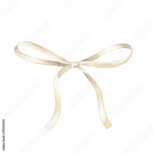 A soft watercolor illustration of a ribbon tied in a delicate bow. The pastel shades and vintage style make it ideal for neutral-themed holiday decor or elegant wedding packaging. Hand-drawn art