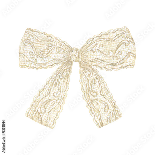 A hand-drawn watercolor illustration of a vintage lace bow. The delicate tracery and pastel tones create a graceful wedding element, ideal for bridal decor, gift wrapping, or elegant invitations