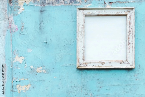 A pale blue wall with a whitewashed wooden frame, the blank center blending gently into the background 