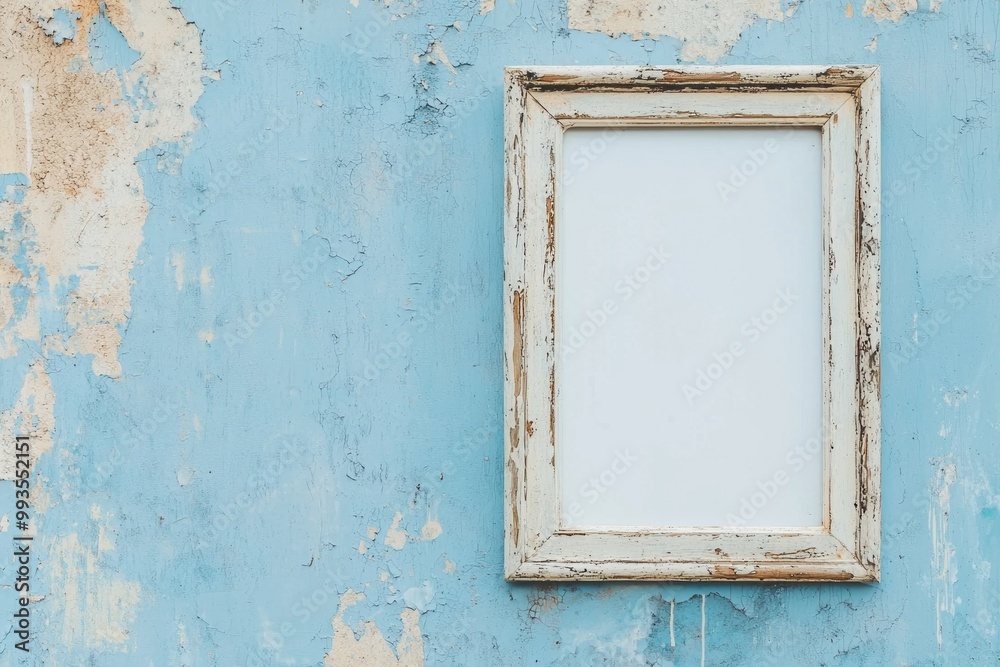 A pale blue wall with a whitewashed wooden frame, the blank center blending gently into the background A pale blue wall with a whitewashed wooden frame, the blank center blending gently into the background