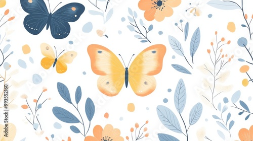 Elegant seamless repeating patterns showcase soft colored butterflies, flowers, and leaves. This minimalist design leaves a lot of blank space between elements