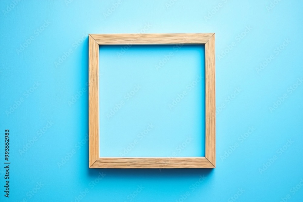 A pastel blue background with a simple wooden frame in the center, its blankness contrasting the softness of the color. A pastel blue background with a simple wooden frame in the center, its blankness contrasting the softness of the color.