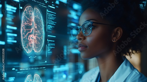 High-tech medical lab, black female doctor examining 3D AI holographic models of human organs, vibrant data visuals in blue and green tones