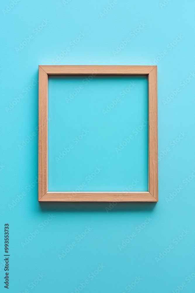 A pastel blue background with a simple wooden frame in the center, its blankness contrasting the softness of the color. A pastel blue background with a simple wooden frame in the center, its blankness contrasting the softness of the color.
