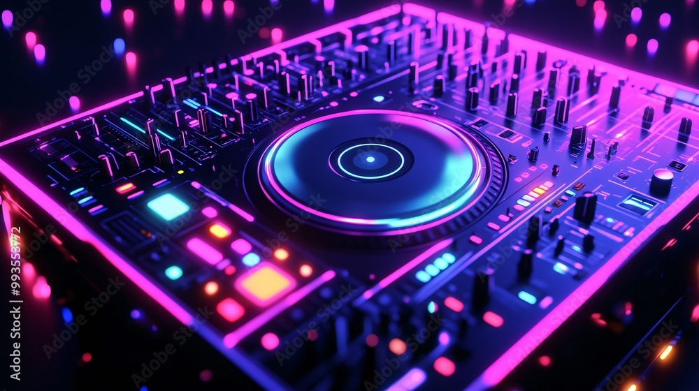 Futuristic Digital DJ Turntable with Neon Lights and Energetic 3D Background Music Innovation Futuristic Digital DJ Turntable with Neon Lights and Energetic 3D Background Music Innovation