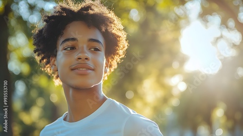 Mixed-race teen jogging in the park, sun-drenched pathway, determined expression, mental health focus, outdoor summer exercise, sunny day photo