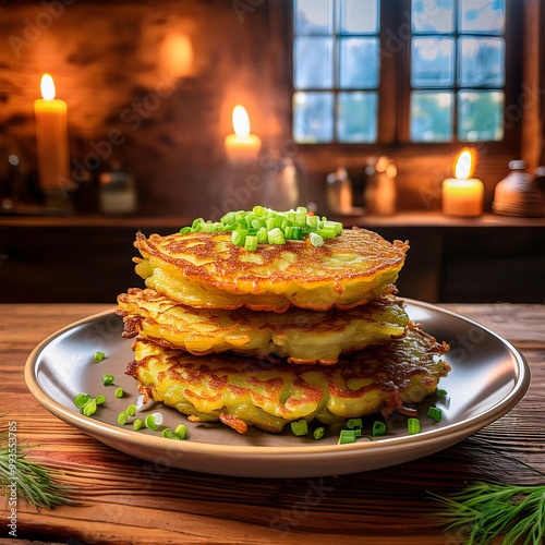 Crispy Golden Latkes with Fresh Chives and Steaming Hot photo