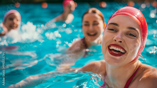 Cheerful group of friends enjoying synchronized swimming in an outdoor pool under bright sunlight, fun and active summer sports concept