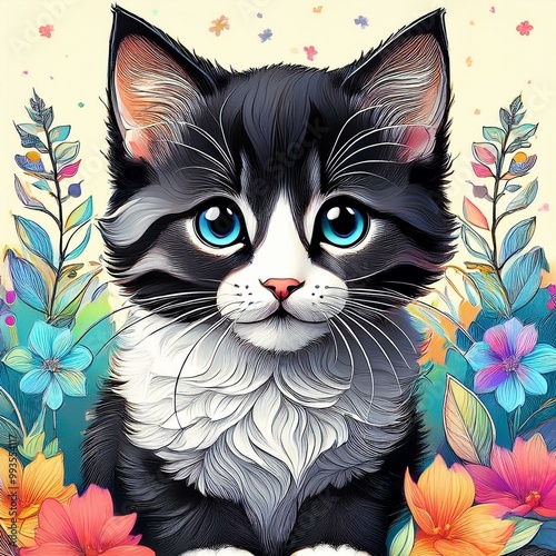 Black and White Kitten with Blue Eyes surrounded by Flowers