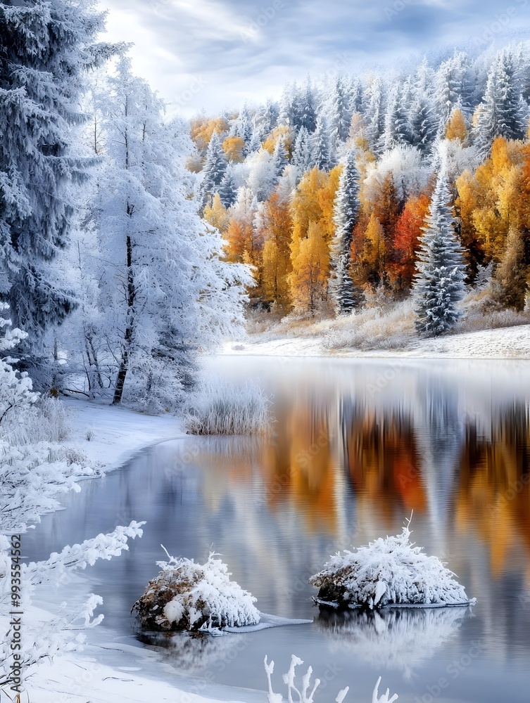 Fototapeta premium Enchanting Autumnal Forest Landscape Reflected in Serene Frozen Lake