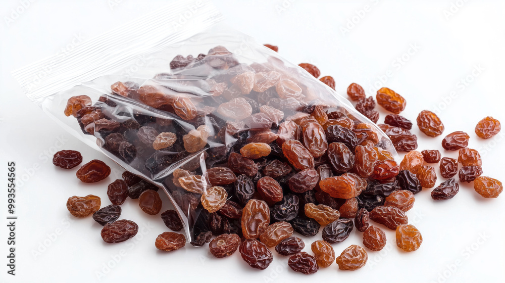Fototapeta premium Lying Down Transparent Bag of Raisins, Emphasizing Sweet and Healthy Snack.