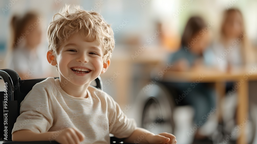 Happy schoolgirl in a wheelchair smiling in a bright inclusive classroom, surrounded by diverse students, books, and colorful posters Happy schoolgirl in a wheelchair smiling in a bright inclusive classroom, surrounded by diverse students, books, and colorful posters